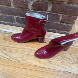 Glossy Red Patent Ankle Booties with Block Heel
